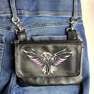 Tribal Eagle Embroidered Black Leather Clip-On Purse Fanny Pack 2 Compartments